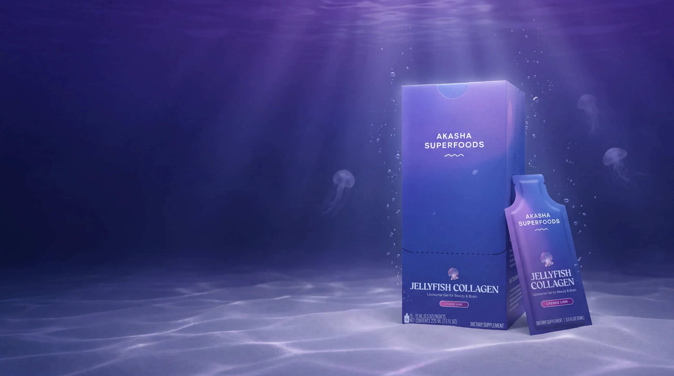 Jellyfish Collagen box and packet underwater