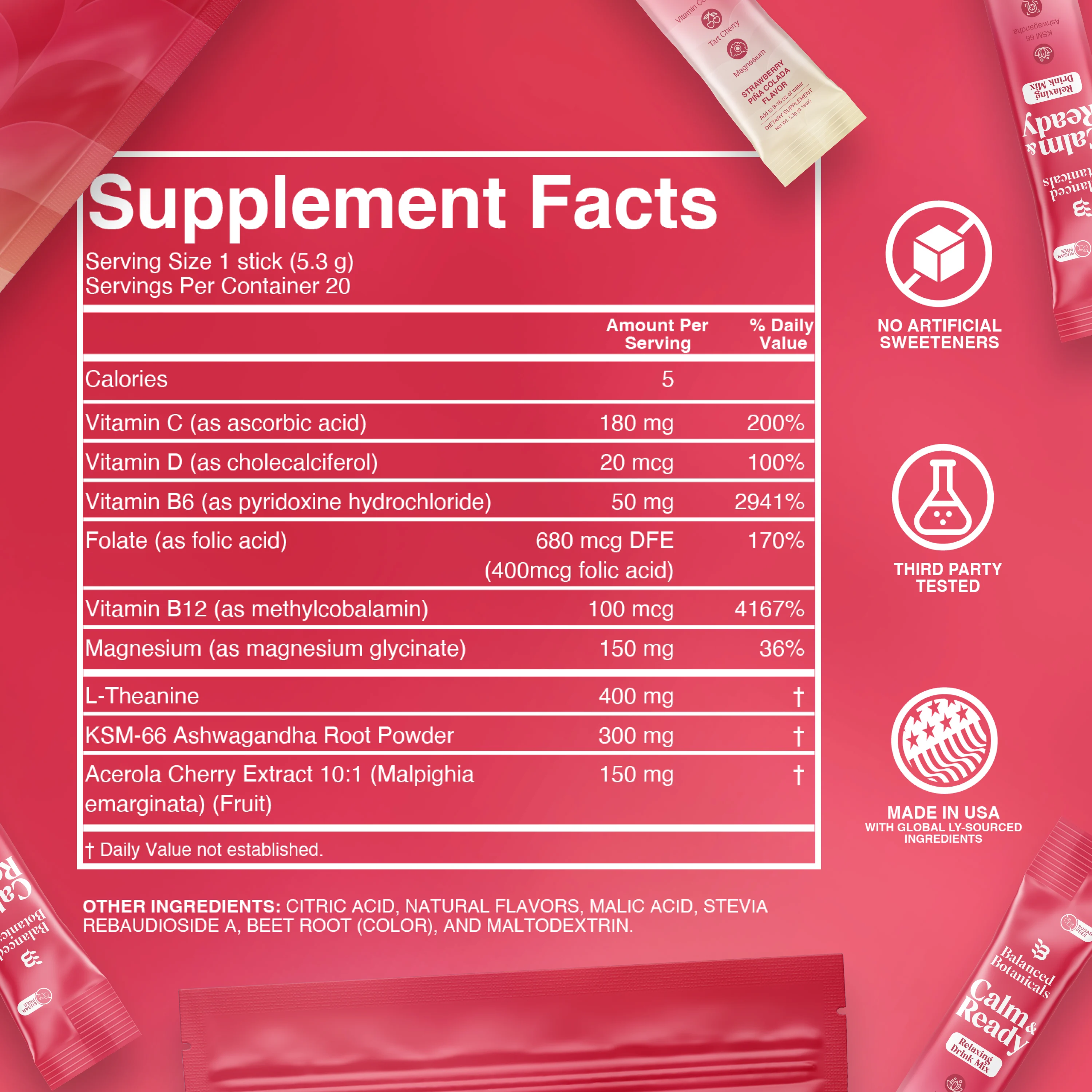 Supplement facts label on a pink background with icons for no artificial sweeteners, third-party tested.