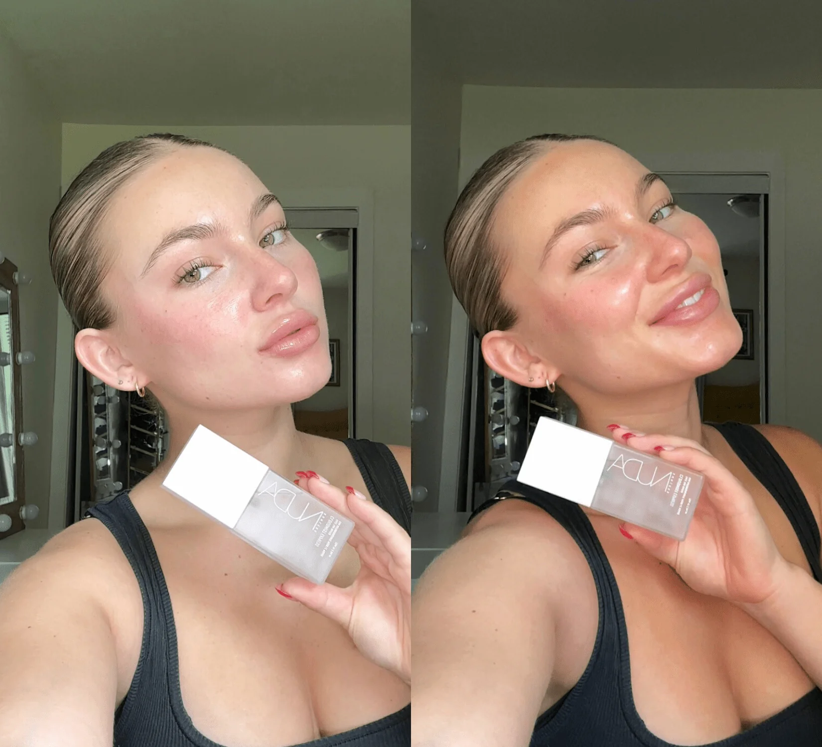 Before and After Results of a Model after CloudMist Express Face Tan Water Application